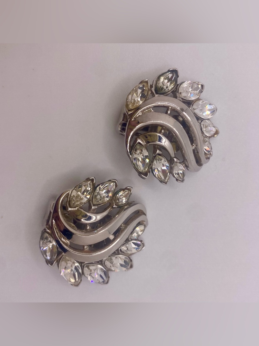 Vintage Crown Trifari Rhinestone Clip-On Earrings – Silver Tone Swirl